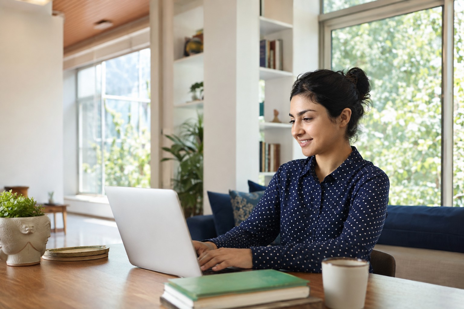 A woman working comfortably on a laptop at home